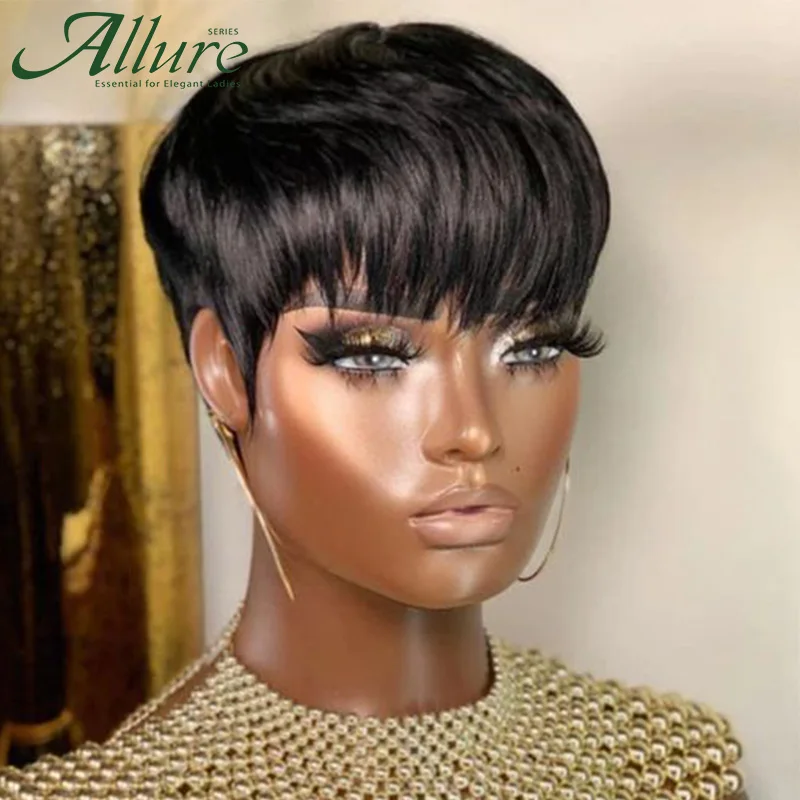 Natural Short Bob Pixie Cut Wigs For Black Women Straight Colored Human Hair With Bangs Glueless Natural Brazilian Hair Allure