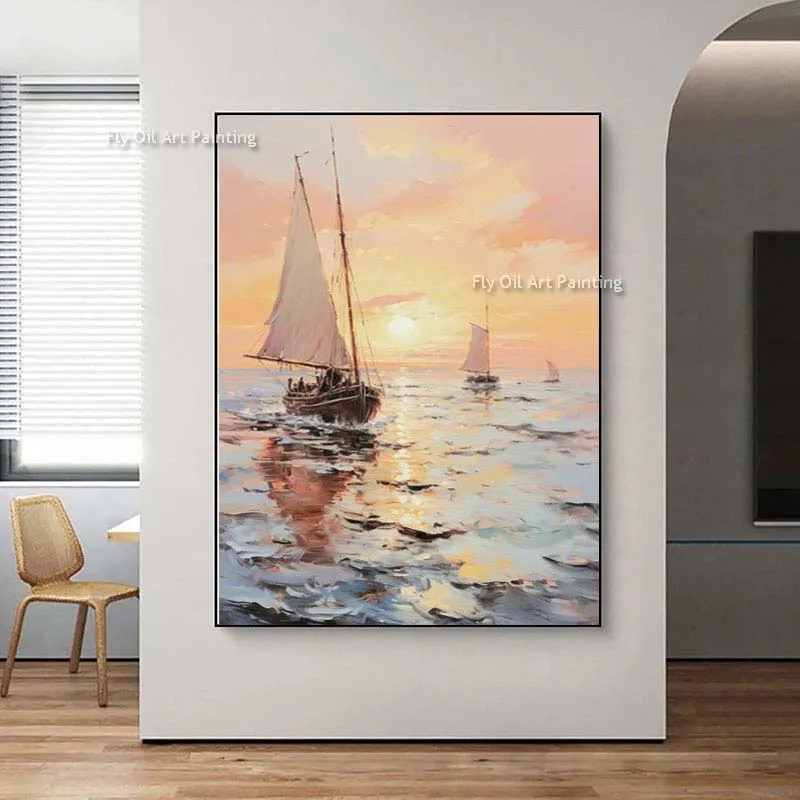 Smooth Sailing Oil Painting Sunrise On The Sea Hand Painted Canvas Wall Art Decor Impression Seascape Painting For Home Office