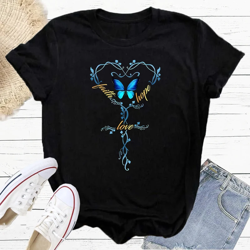 Faith Love Hope Letter T-Shirt Print Butterfly Women's Harajuku Fashion Y2K Short Sleeve Tee Female Casual Tshirt Clothing S-218