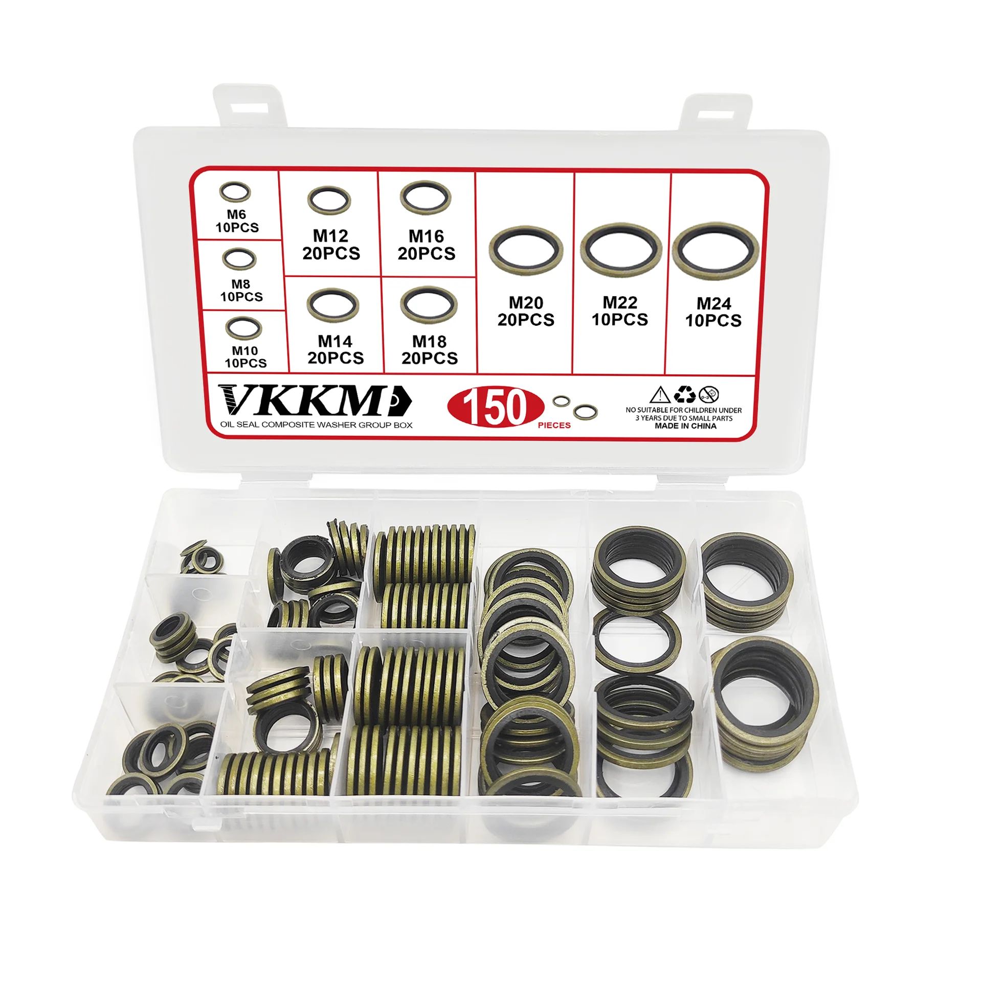VKKM 150Pcs Composite Sealing Washers Assortment Kit, Carbon Steel & Nitrile Rubber Combination Gaskets M6-M24 for Auto Pipe Bolt Hydraulic Oil Water Seal