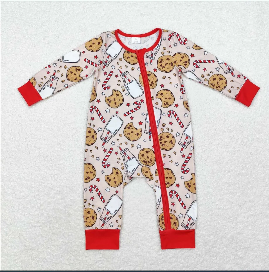 

Детская молния LR1426 Cookie Milk Candy Cane Print Детский рождественский бамбуковый комбинезон на молнии