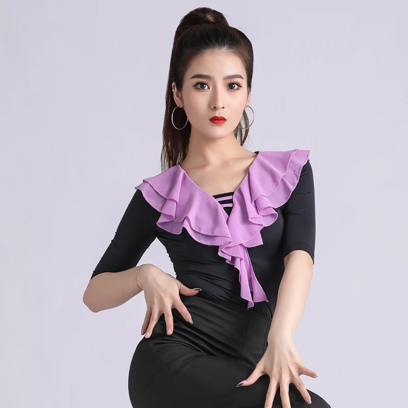 Latin dancer tops new clothing V-neck ruffles mid-sleeves practice dance clothes modern national standard dance performances