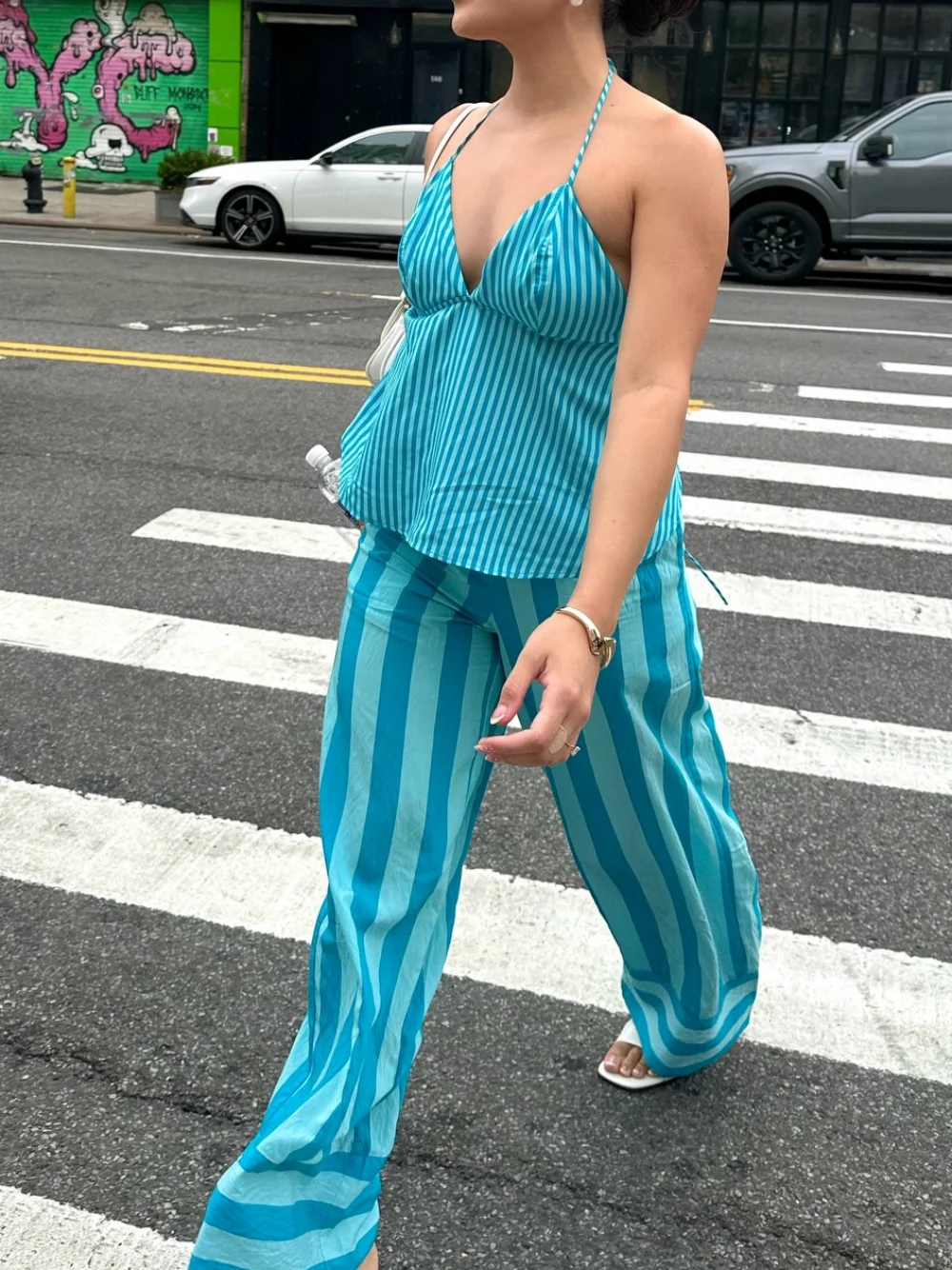 Women Blue Striped Halter Camisole Crop Top Loose Wide Leg Trousers 2 Piece Matching Set Y2K Boho Beach Vacation Outfits Conjunt