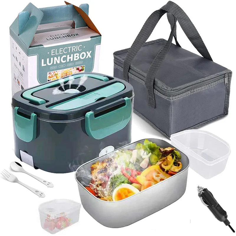 Boîte à déjeuner électrique 2 en 1 pour voiture et maison, 12V 24V 110V 220V, Portable, pique-nique, école, chauffage des aliments, conteneur chauffant, ensemble en acier inoxydable