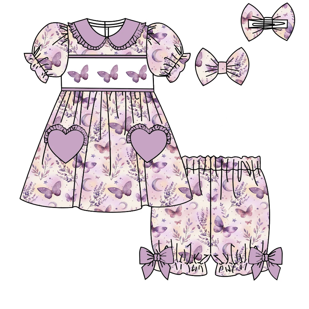 Boutique Kids Set Butterfly Kitten Duck Smock Print Set Toddler Girls Ensemble Comfortable Sleepwear for Children Custom