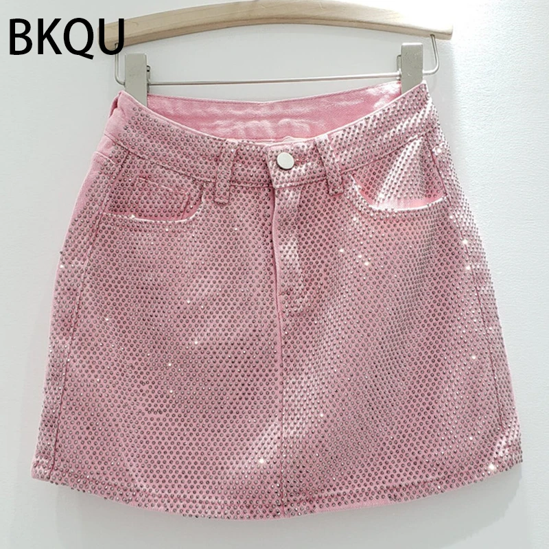 BKQU 2023 New Rhinestone Denim Mini Skirts Women Fashion Party Club Diamonds High Waist Jean Skirt Y2K Aesthetic Korean Bottoms