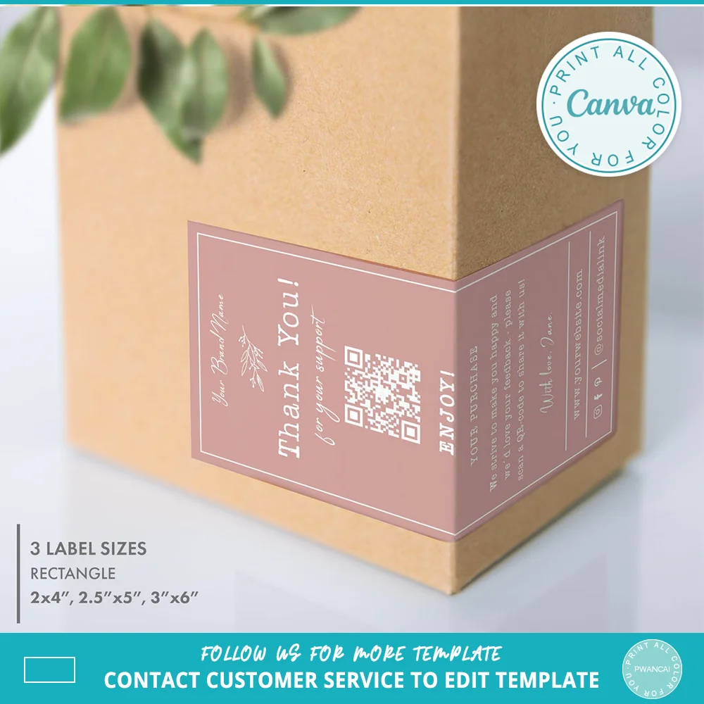 Box Seal Sticker 9X5cm Printable Minimal social media Packaging Sticker Design Business Thank You QR code Review logo Stickers