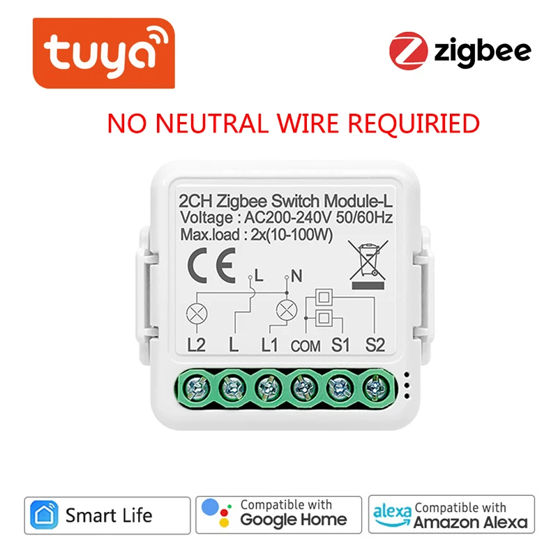 Tuya ZigBee 3.0 Smart Switch Module No Neutral Wire Required Smart Home DIY Wireless Light Breaker Works with Alexa Google Home