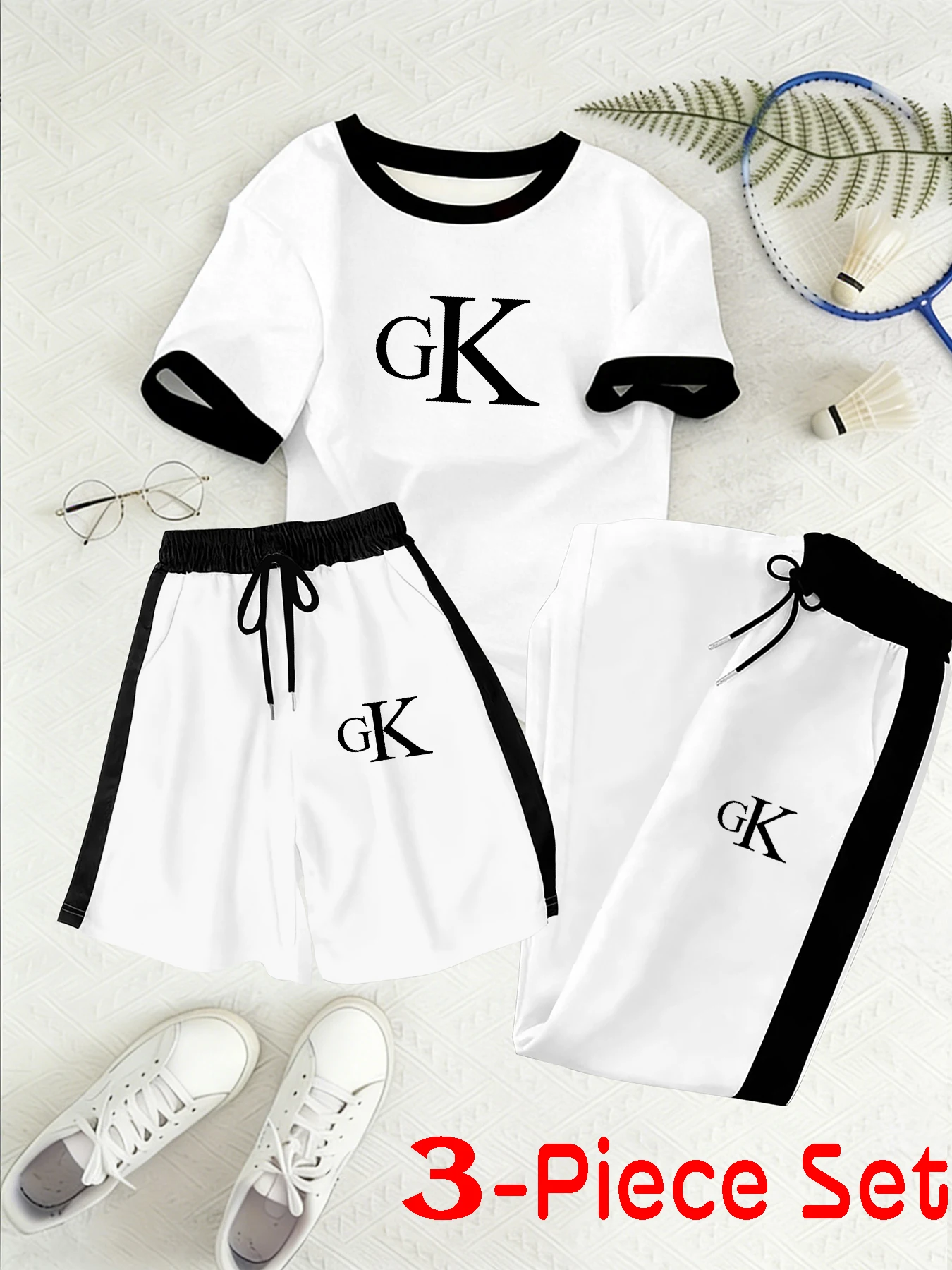 

Summer Simple Gk Letter Print Short-Sleeved Three-Piece Set with Contrasting Edges, Casual Sports Suit, Loose Fit and Slimming Effect for Everyday Wear