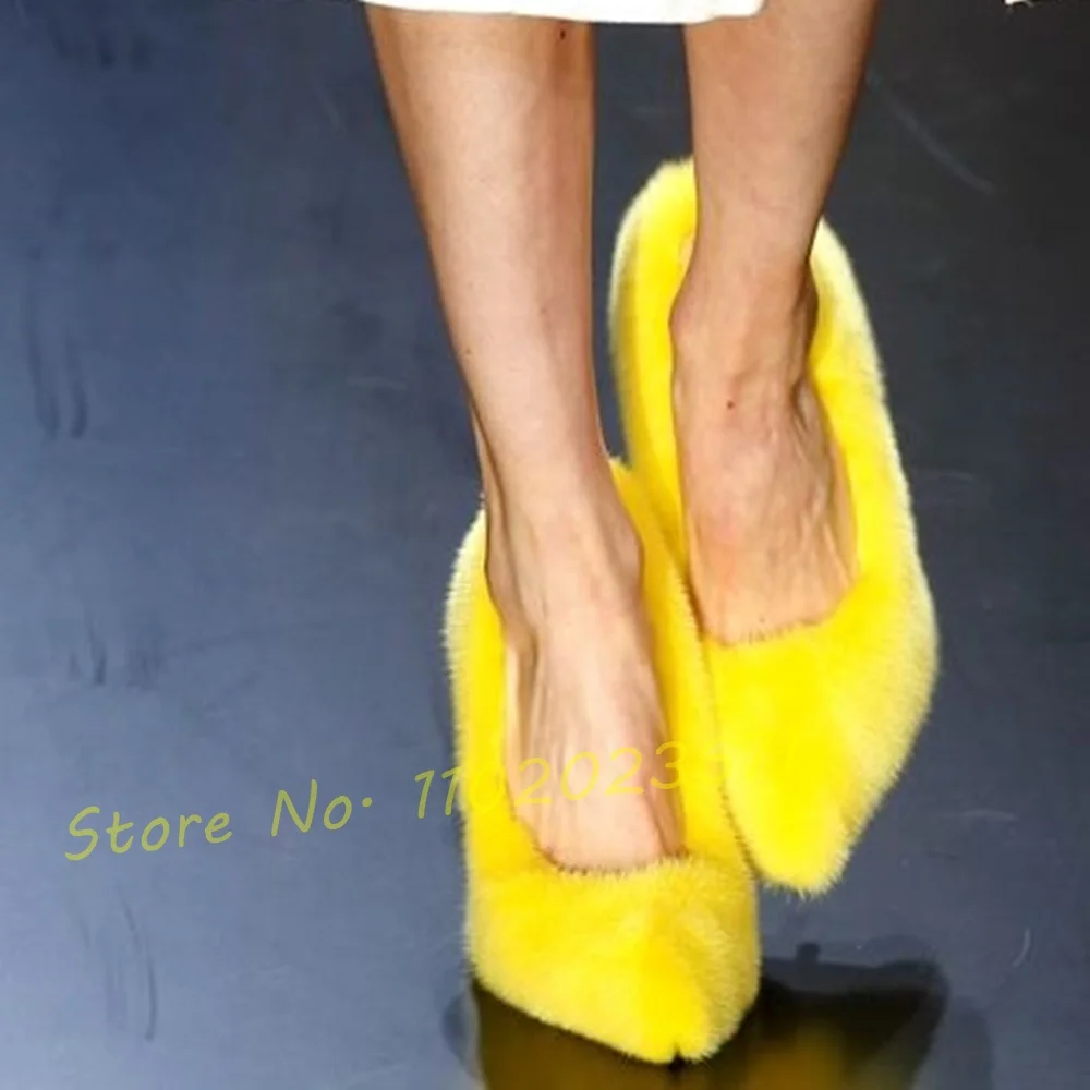 Yellow Fluff Pointy Heels Pumps Women Elegant Catwalk Luxury Fur High Heel Shoes 2022 Chic Pumps Ladies Summer Party Dress Pumps