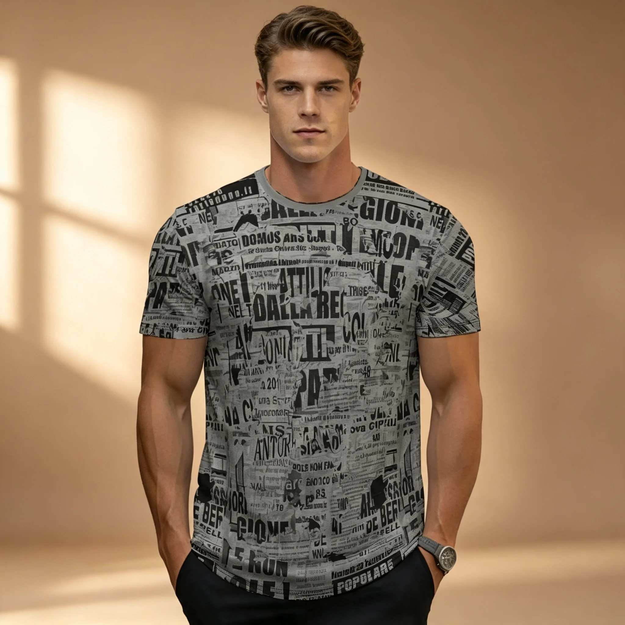 3D All Over Print Newspaper Text T-shirt For Men Gray Retro Newsletter Print Short Sleeve Loose Casual Summer Streetwear Tee