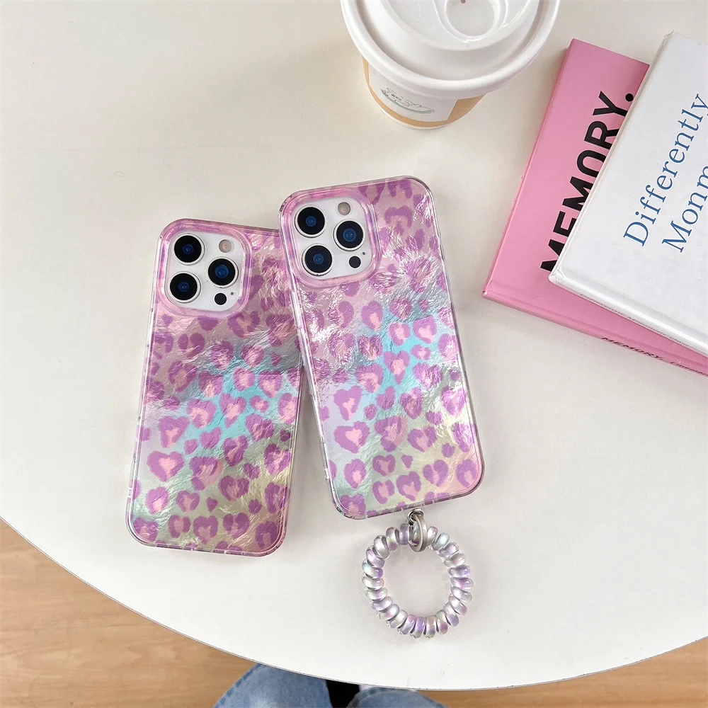 

Cute pink leopard print laser phone case suitable for iPhone 17 Promax 14, 15, 16 13Pro Max protective case fashionable