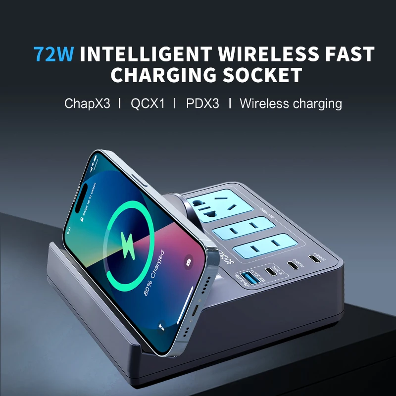 Умная настольная розетка с PD 45W, беспроводной зарядкой 15W, портами USB QC, USB 3.0 и розеткой AC 1000W