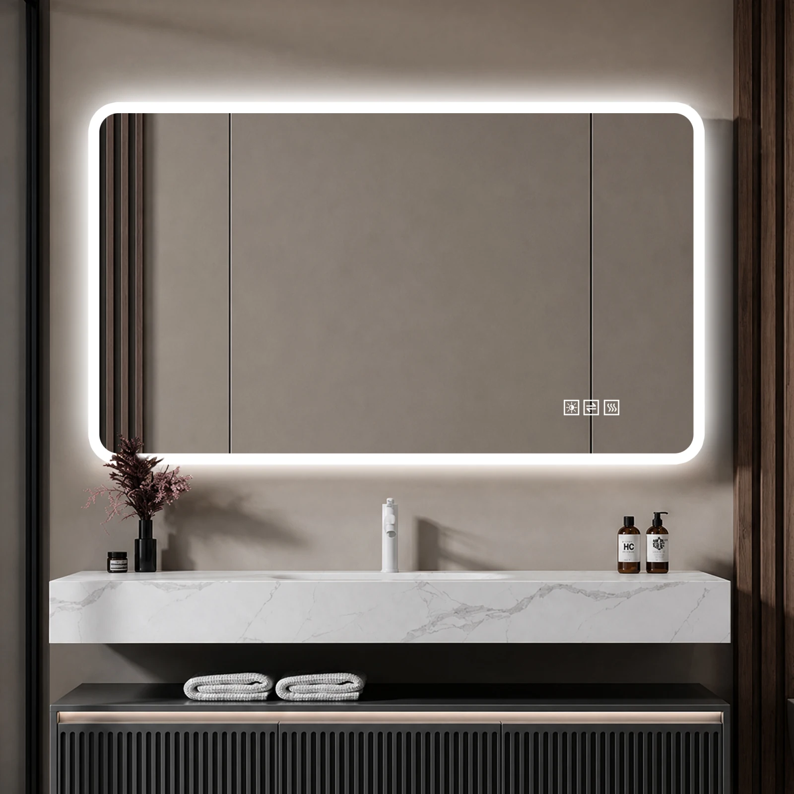 Superaly 60×120 cm LED-Badezimmerspiegel mit mattiertem Glasrand, Frontbeleuchtung, Antibeschlag-Funktion, 3 Lichtfarben, stufenlos dimmbar, Speicherfunktion