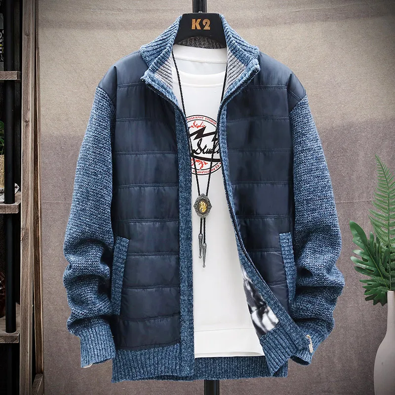 

DUYIT Stand Collar Stitching Sweater Men's Cardigan Slim Jacket Autumn/Winter New Fleece Thickened Sweater Knitted Jacket