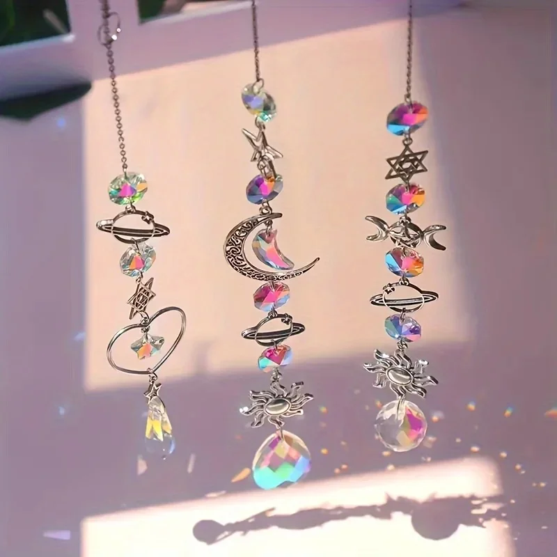 Carillon éolien Unique en cristal lune et soleil, avec pendentif prisme en diamant, attrape-rêves arc-en-ciel vibrant pour décoration de maison et de jardin, 1/3 pièces