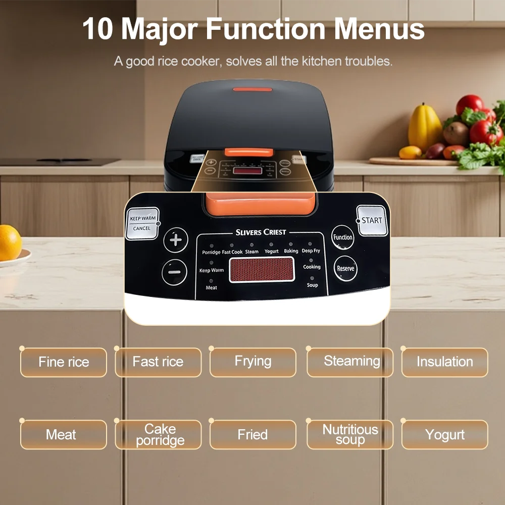 وعاء طبخ أرز كهربائي 5 لتر متعدد الوظائف مع وعاء داخلي غير لاصق بالبخار 1000 وات 24 ساعة، شاشة LCD دافئة للمطبخ المنزلي #2