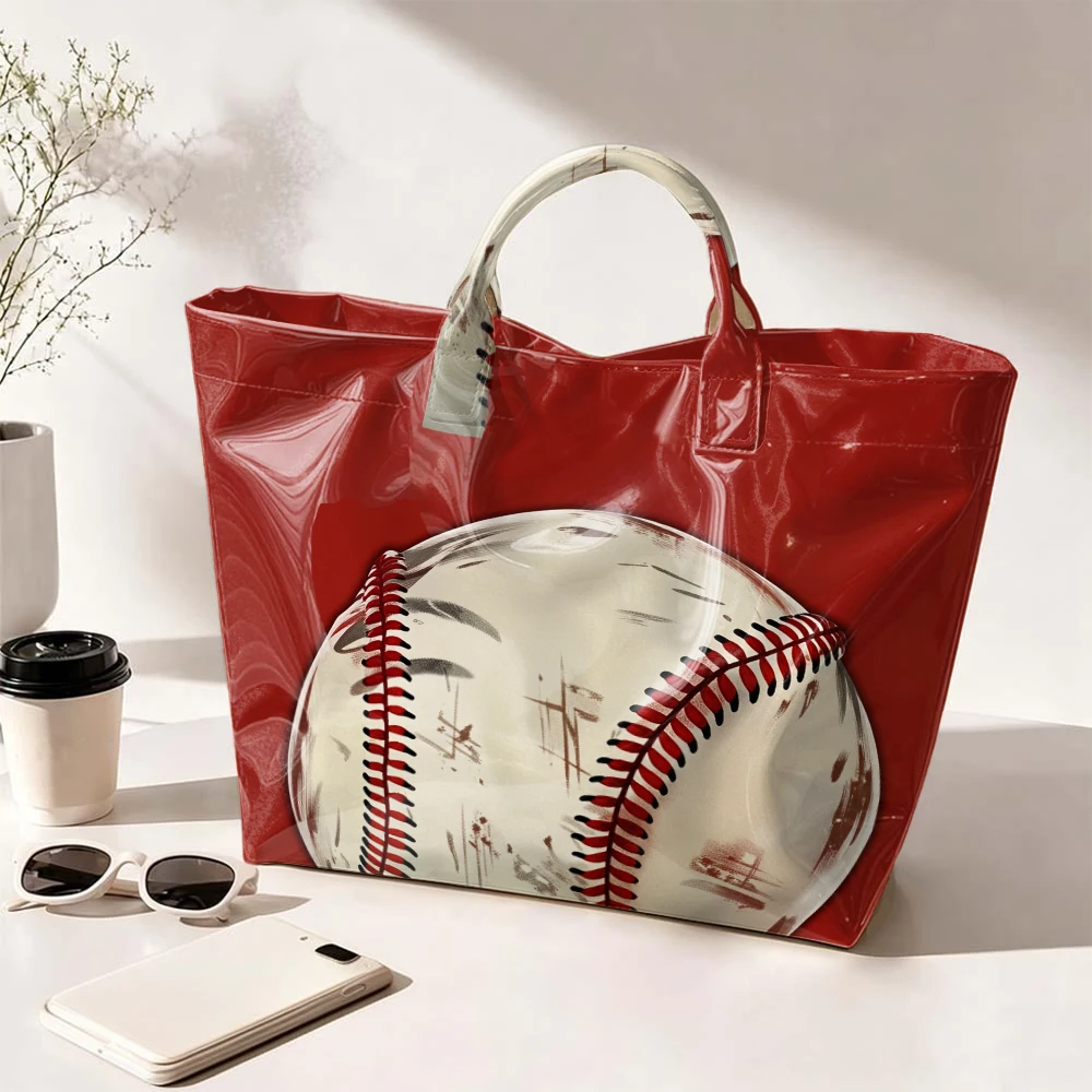1pc Women's Tote Bag Hand‑held Bag, Retro Worn‑look Baseball Print Glossy Red Hand‑held Bag, Sports‑themed Large‑capacity Casual Stylish Daily Tote Handbag
