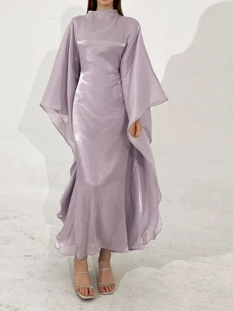 Eid Ramadan muzułmanki jedwabista sukienka Baw rękaw Maxi długie sukienki na imprezę Abaya marocco Kaftan Vestidos Dubai indyk szata Jalabiya — zdjęcie 2