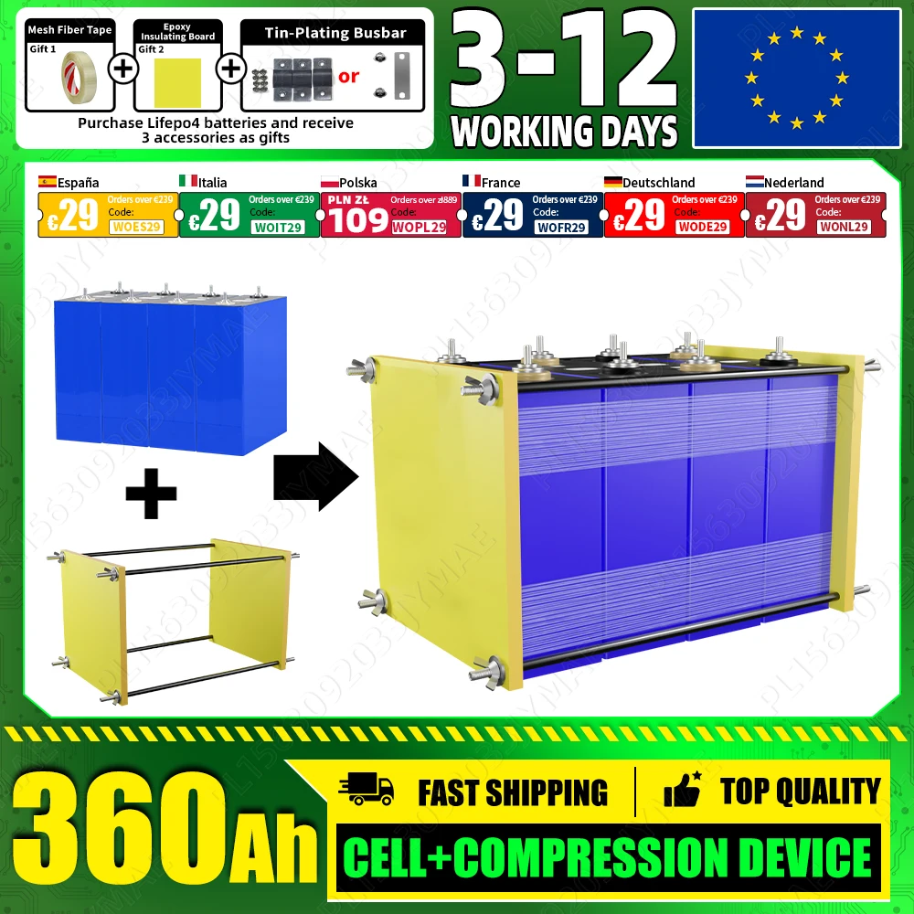 Neue 360Ah Lifepo4-Batterie mit Klemmrahmen und 3 Zubehörartikeln, 3,2V wiederaufladbare Zelle, DIY 12V 24V für Solar-RVs, Vans, Wohnmobile