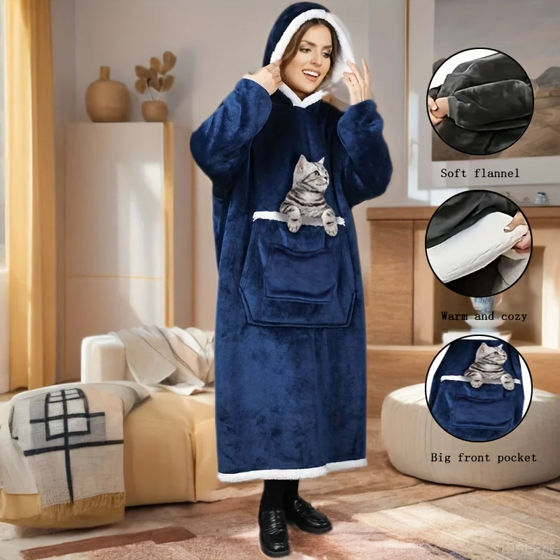 Oversized Wearable Blanket Hoodie with Pet Pouch Pocket Giant Fluffy Fleece Sweatshirt Cat Dog Carrier Pocket Pullover
