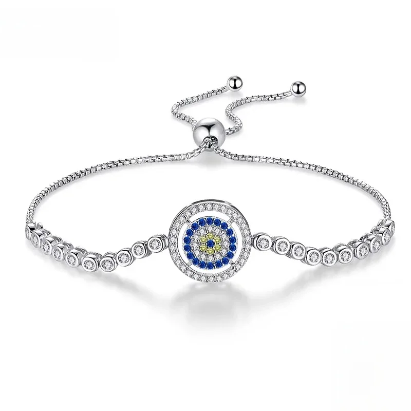 KALETINE Bransoletka z czystego srebra próby 925, regulowane koraliki Evil Eye Blue Cubic Zirconia Bransoletki tenisowe dla kobiet Biżuteria męska KLTB015 — zdjęcie 2