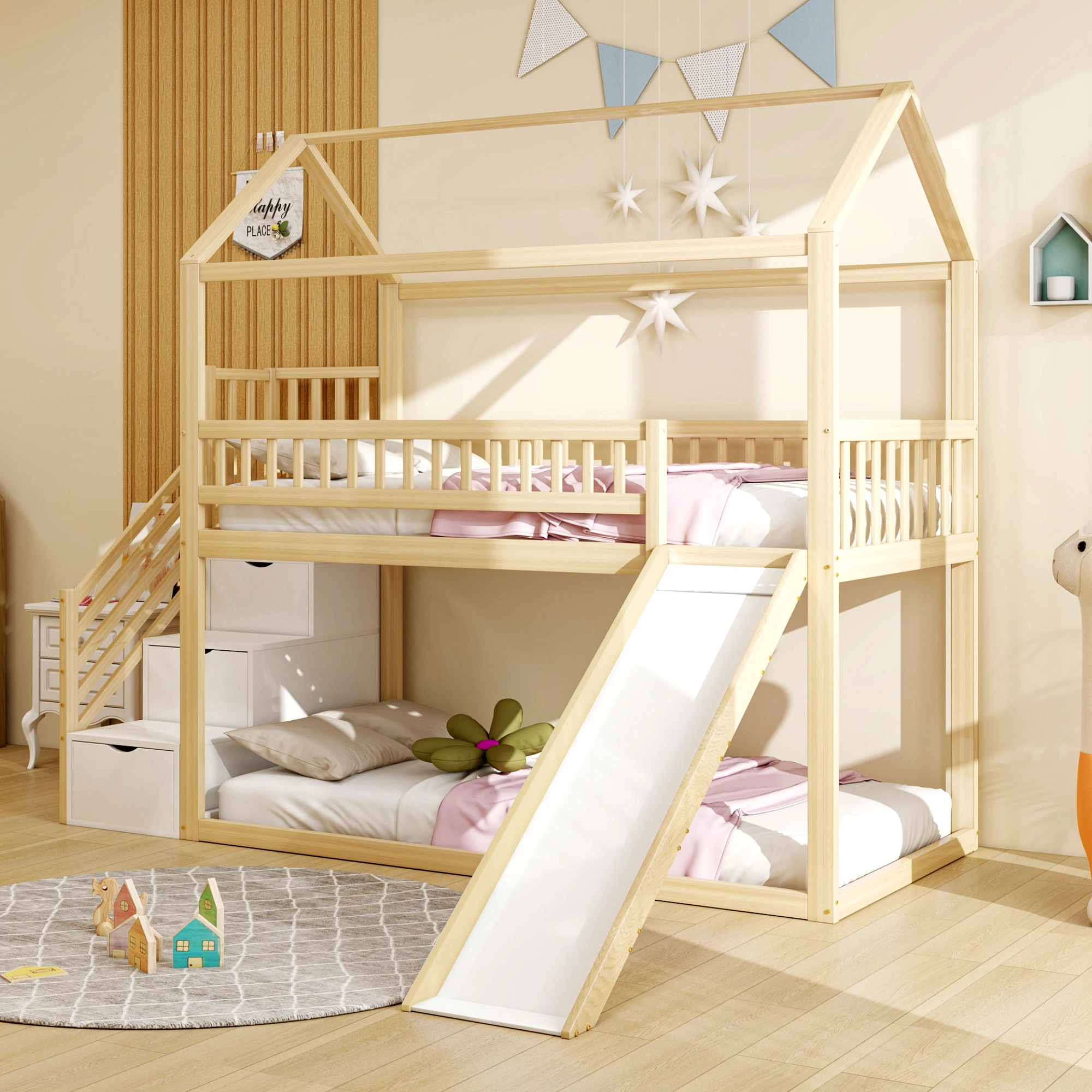 Afbeelding 6: Kinderstapelbed 90*200 cm hoog bed met glijbaan en opbergladder hoge omheining constructie massief houten bedframe met lattenbodem