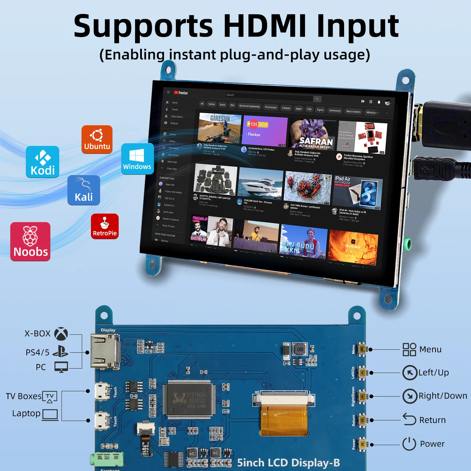 شاشة Pi من IPistBit-Raspberry ، شاشة تعمل باللمس ، صوفي ، HDMI ، شاشة IPS بالسعة لالتوت Pi 5 ، 4 ، 3 ، 2 خالية من السائق ، 5 بوصة