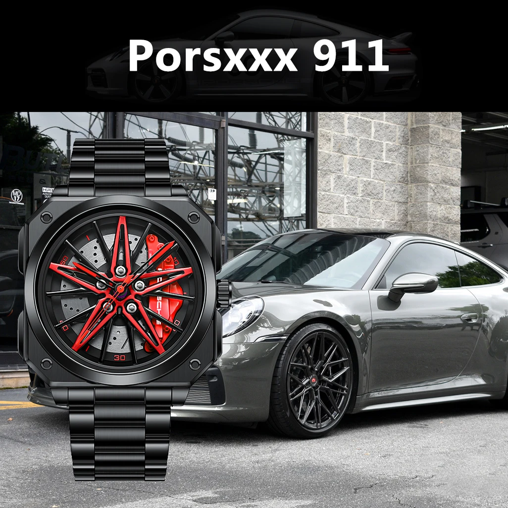 Original 3D Real Man Watches Waterproof Rotate Watches Car Rim Watch Quartz Men's Sports 360° Rotate For Men Clock Porschè 911