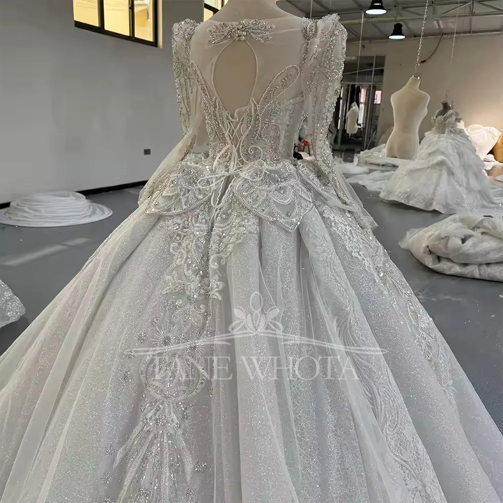Brautkleid Hochzeit 長袖恋人光沢のあるグリッターのウェディングドレスビーズクリスタルボールガウンレースロングブライダルドレス