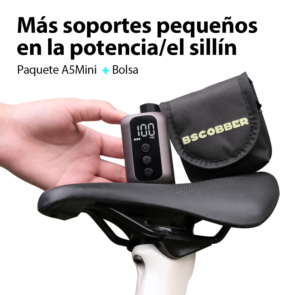 Imagen de Bomba de aire recargable BSCOBBER, inflador de neumáticos, Mini bomba portátil inalámbrica con bolsa para bicicleta, accesorios ligeros para ciclismo de 100PSI