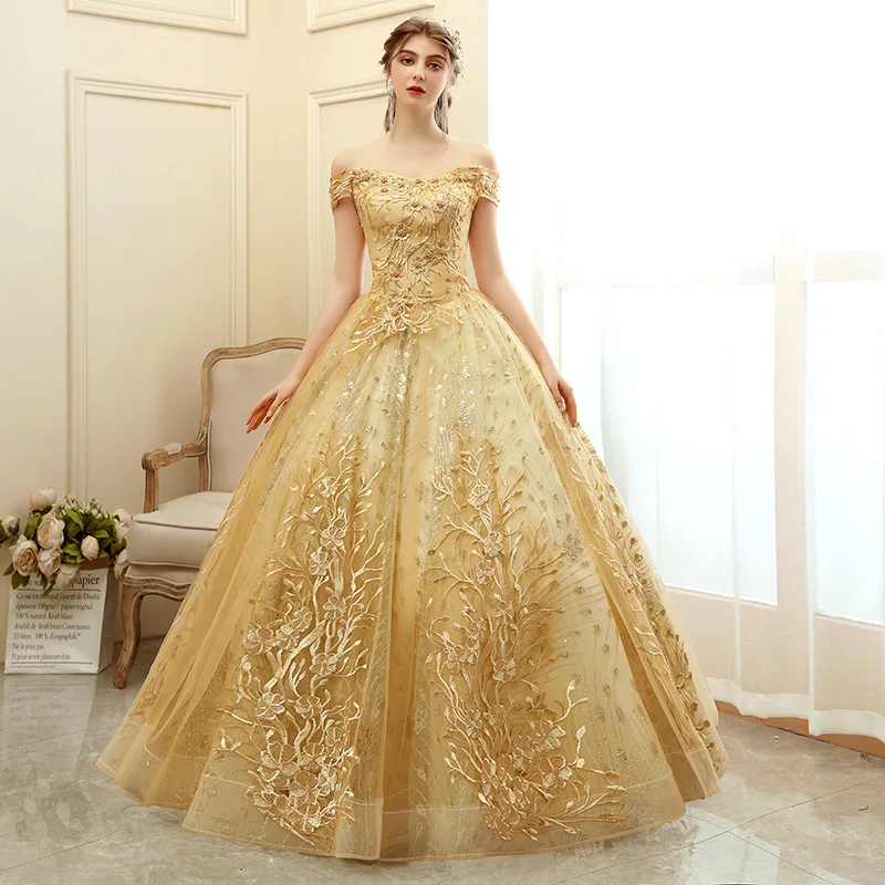 

Gold Quinceanera Dresses Sweet Appliques Party Prom Dress Lace Embroidery Off The Shoulder Princess Ball Gowns Quinceanera Dress