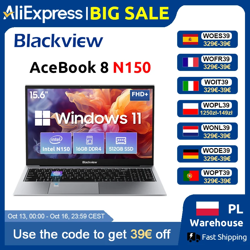 Blackview AceBook 8 Laptop, 15,6 Zoll, Intel-Prozessor N150, 16 GB RAM, 512 GB SSD + Erweiterung auf bis zu 1 TB, Windows 11 Home.