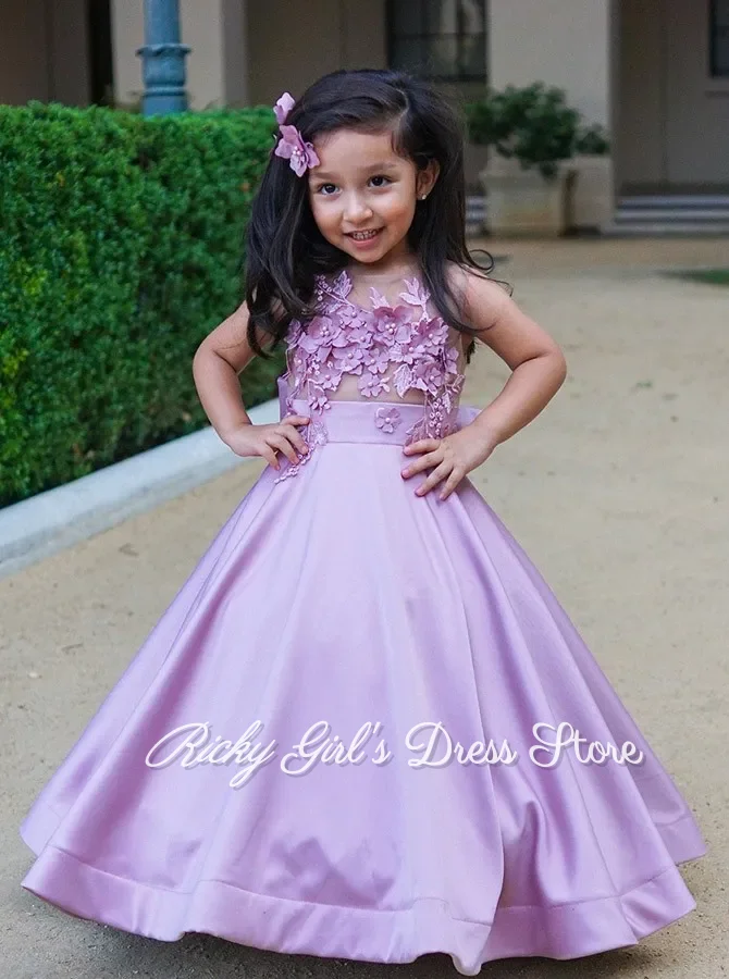 Purple Flower Girl Dresses With Bow Customized Floral Appliques Satin Baby Girl's Toddler Birthday Gowns Pageant Princess Dress