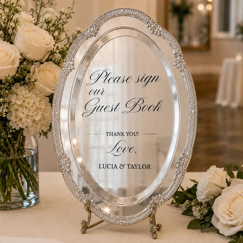 Personalized Silver Wedding Guest Book Sign,Laser Print Silver Tray Wedding Sign Custom Welcome Table Sign,Elegant Table Decor