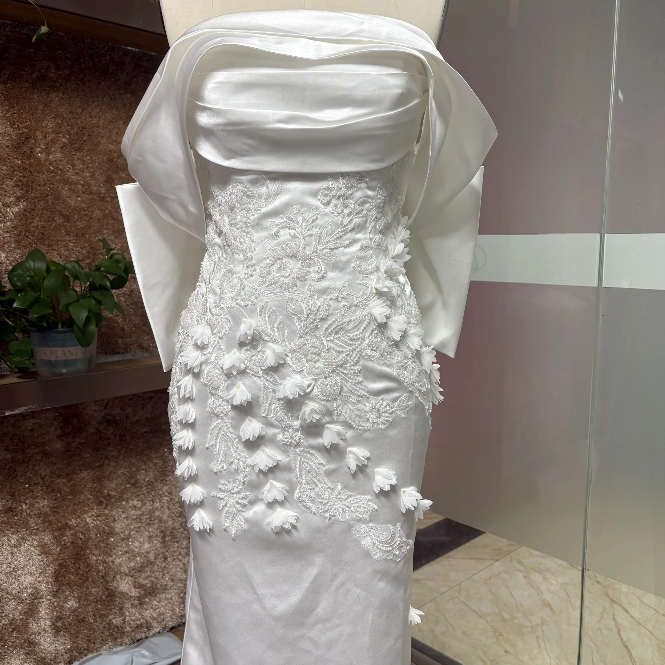 فساتين زفاف JEHETH عتيقة مكشوفة الكتف من الساتان بطيات ثلاثية الأبعاد مزينة بحورية البحر بفيونكة خلفية فيستدو دي نويفال مخصصة