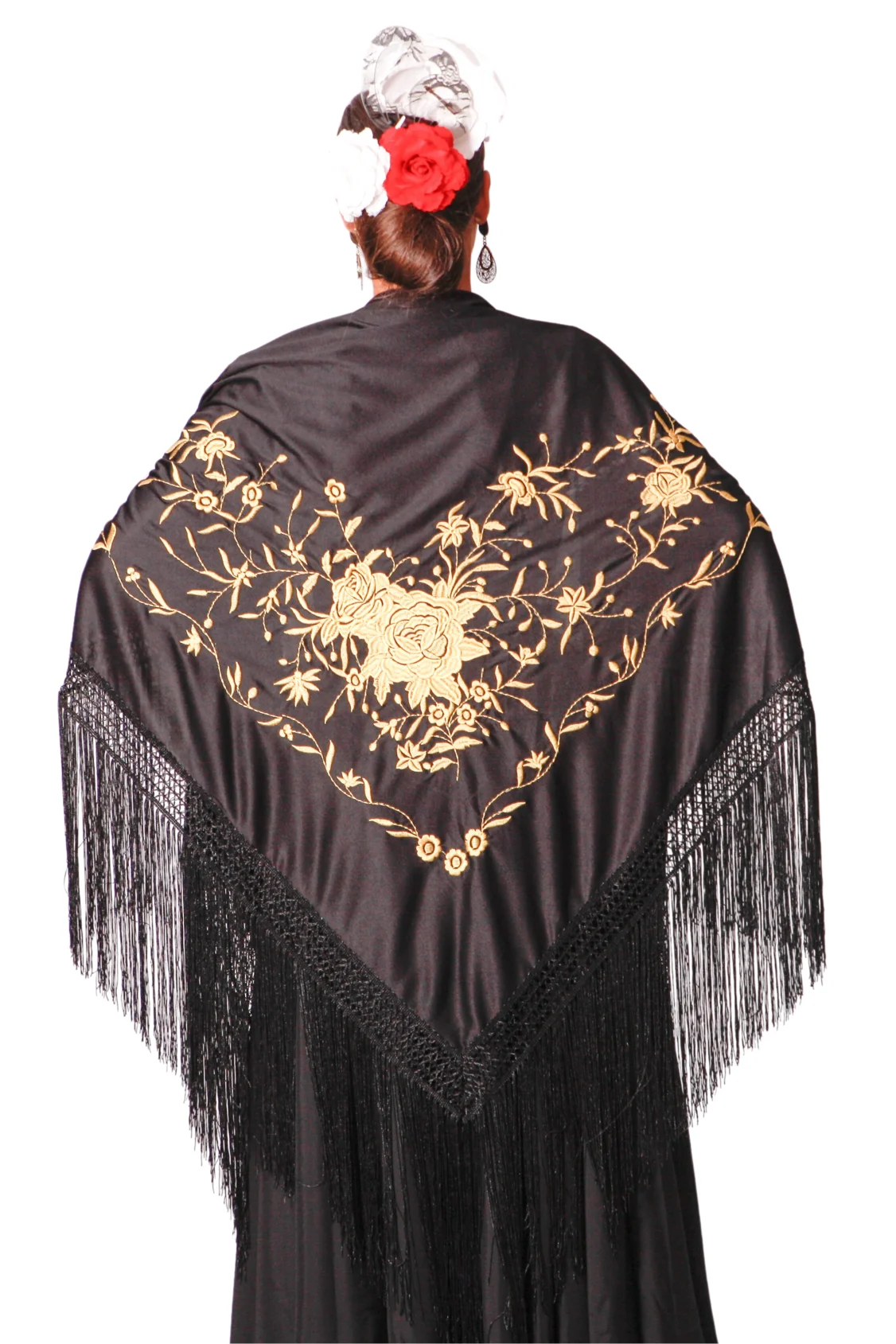 Big flamenco shawl. Measure 195X95cm not counting fringes (30cm), embroidered to one face.