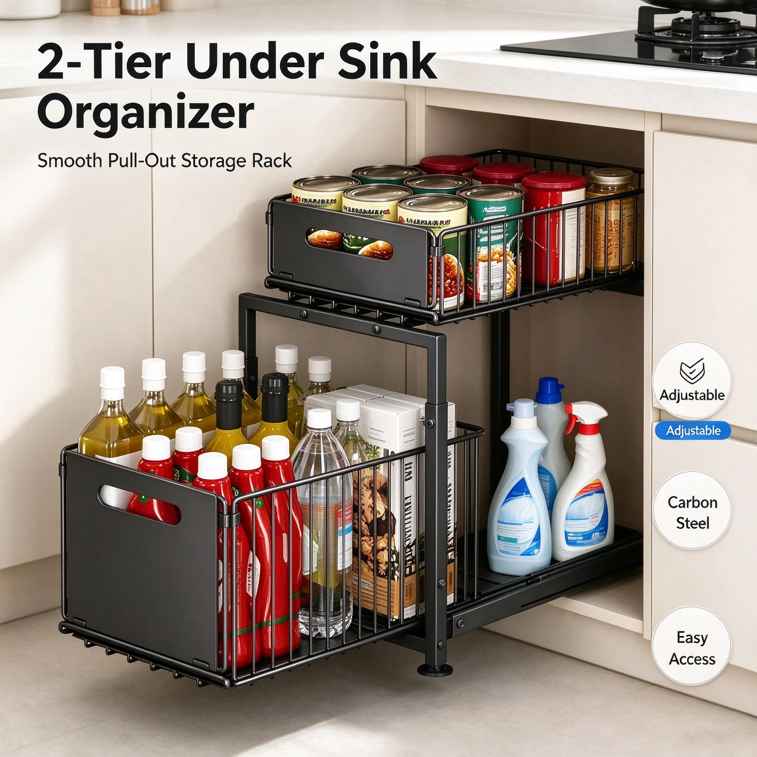 Under Sink Pull Out Storage Basket 2-Tier Sliding Cabinet Organizer, Adjustable Kitchen Shelf for Spice, Snack, Can & Cleaning Supplies