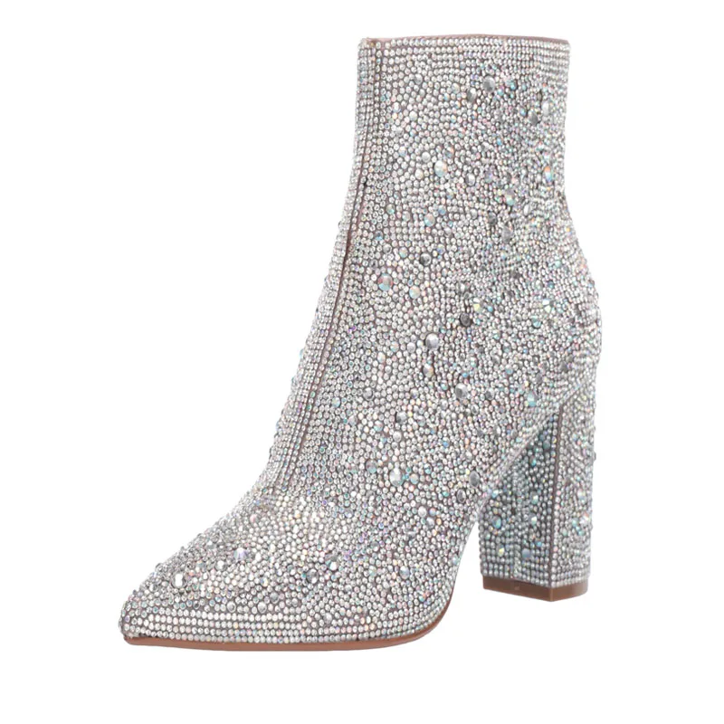 Women Sequin Glitter Ankle Boots Full Crystal Chunky Heels Blingbling Rhinestone Pointed Toe Sexy Sparkly Booties