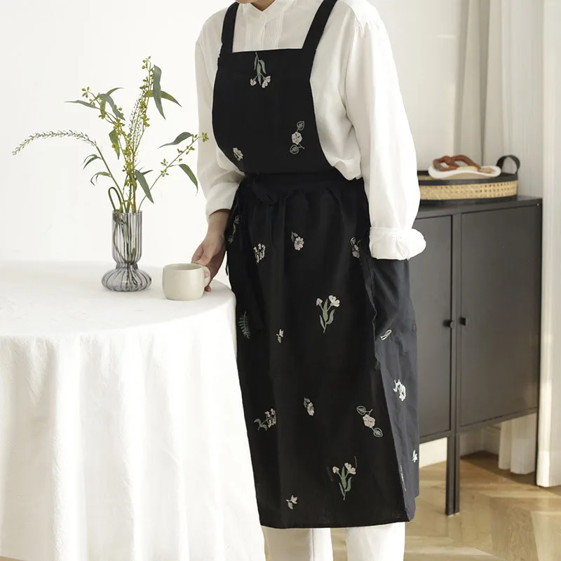 Home Lange, wasserabweisende Damen-Küchenschürze aus Baumwolle mit Taschen, gekreuzter Rücken, Gartenkleiderschürze zum Kochen, Backen, Gartenarbeit