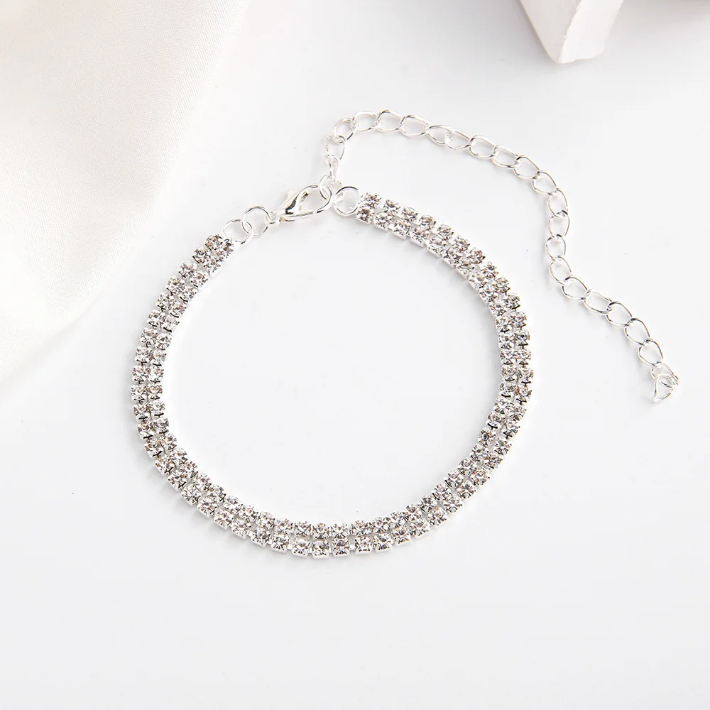 الأزياء صف مزدوج خلخال حجر الراين شاطئ الكاحل سوار سلسلة بيرفوت تنس الصيف خلخال سحر سوار الحلي هدية حزب