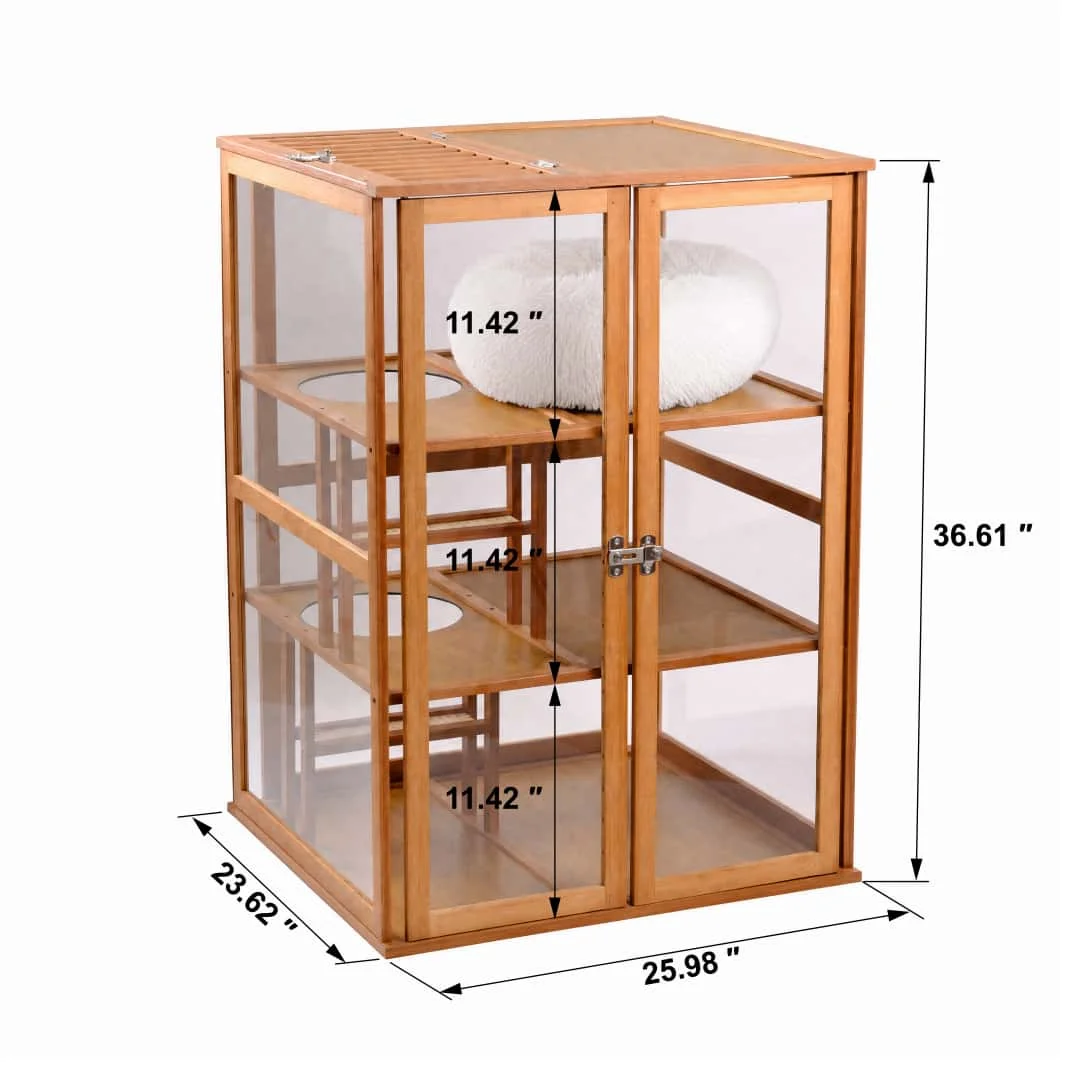 [US Stock] Bamboo Cat Cage, Multi-Level Indoor Cat Enclosure with Clear Panels, Vent Top & Litter Box Space, Furniture-Style Cat