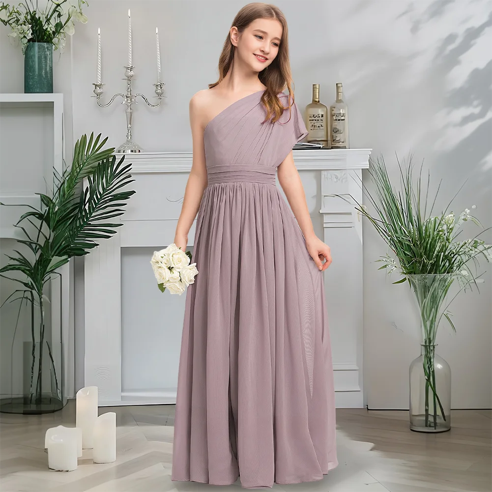 豪華なワンショルダー ジュニア ブライズメイド ドレス キッズ モーブ フラワー ガール ドレス フロアレングス シフォン カスケード フリル付き