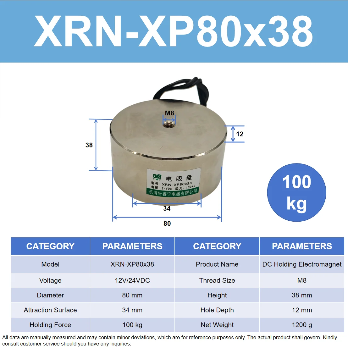 Электромагнитная присоска XRN-XP80X38 круглой формы, сила удержания 100 кг, сверхмощный промышленный электромагнит