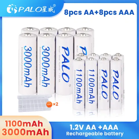 PALO 1.2V AA  Rechargeable Battery + 1.2V AAA Rechargeable Batteries with Smart AA Battery Charger for 1.2v Ni-MH AA aaa Battery