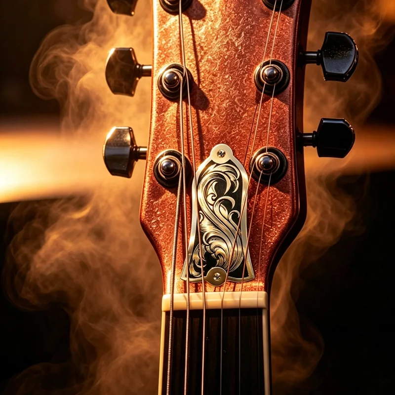 Standard truss rod cover—featuring laser-engraved scrollwork and an elegant fade-out decorative pattern—guitar nameplate