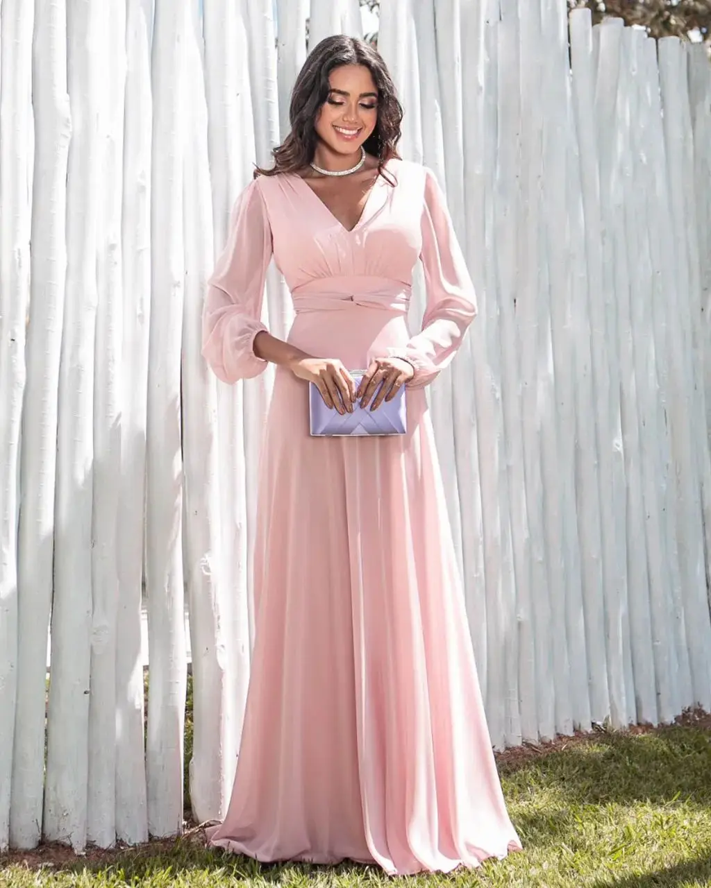 2024 Elegant V Neck Long Sleeves Prom Dress Long Chiffon Bridesmaid Dresses Formal Evening Gown Mother Robe Outdoor Party Dress