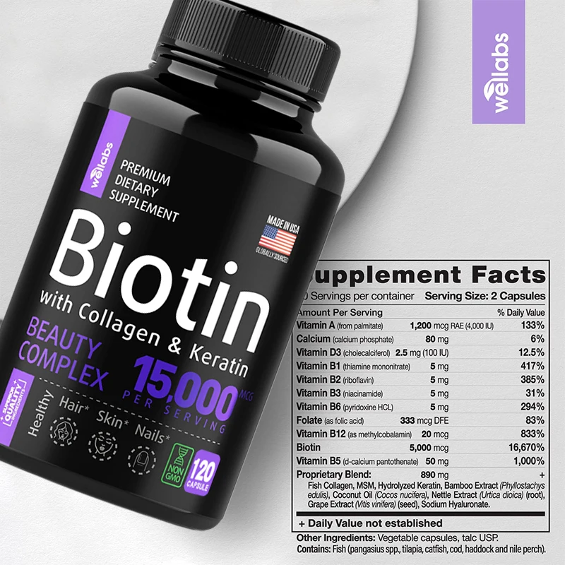 Biotin + Collagen + Keratin Supplement 15,000 mcg Hair Skin Nail Whitening Support, Non-GMO