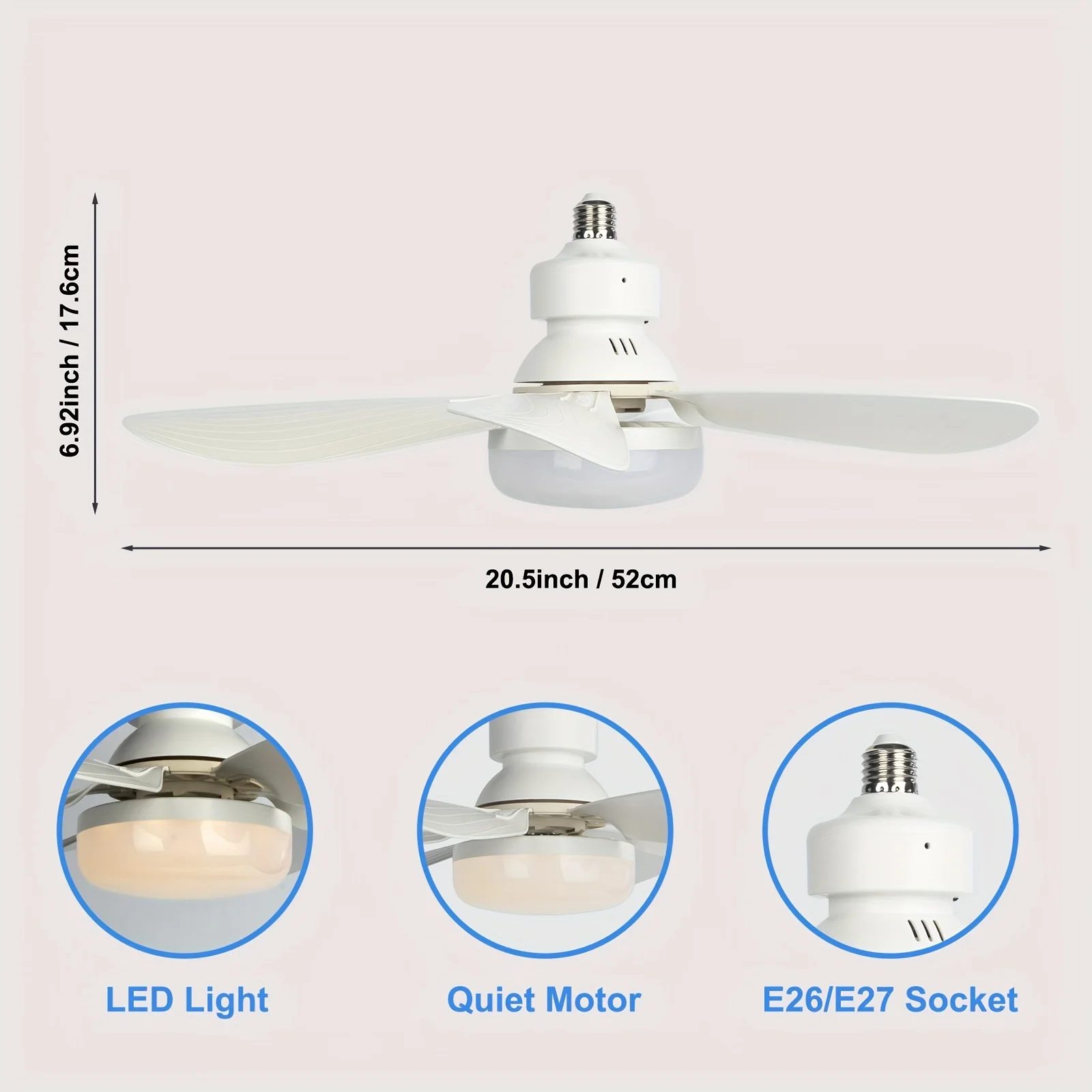 Socket Fan Light with Remote, 20.5in Small Ceiling Fan with LED, E26/27 Cordless Light Screw Fan for Kitchen Bedroom, Small Room