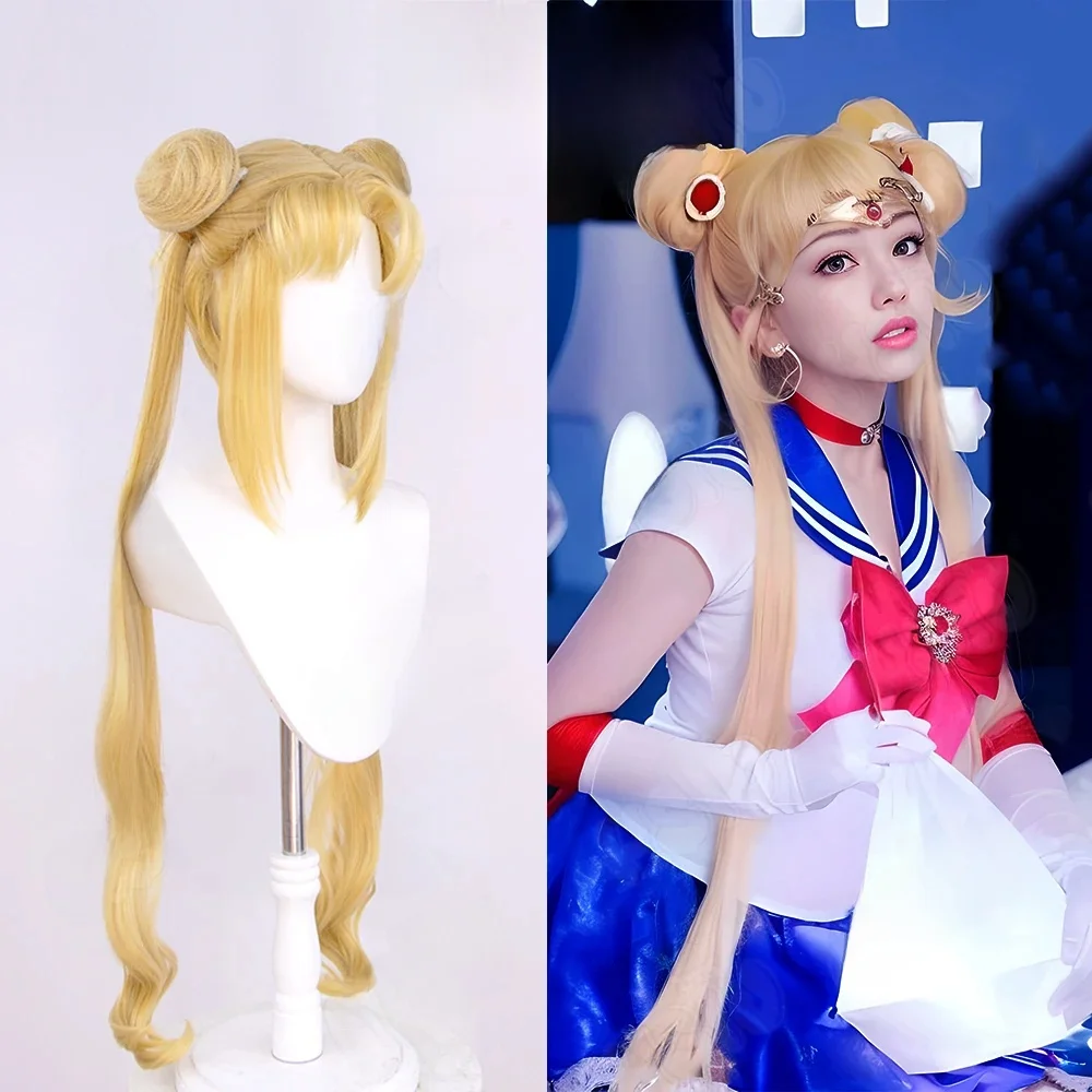 Tsukino Usagi peruka do cosplay HSIU 95Cm blond podwójny kucyk długie kręcone rozdawane markowa peruka siateczka — zdjęcie 2